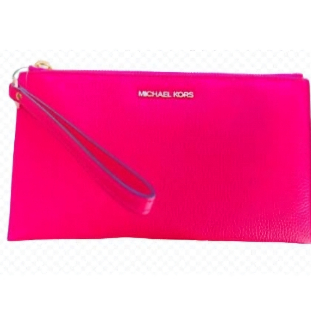 Michael Kors Jet Set Travel Large Pebbled Leather Pouch Electric PInk - Picture 2 of 4